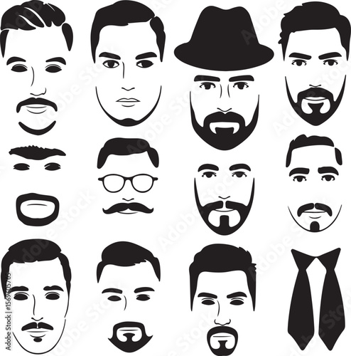 Collection of Black and White Male Face Silhouettes Various Hairstyles and Beard Styles Men's Facial Hair Icons