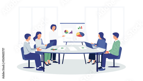 Business meeting with presentation of charts and graphs in a bright conference room setting shown here