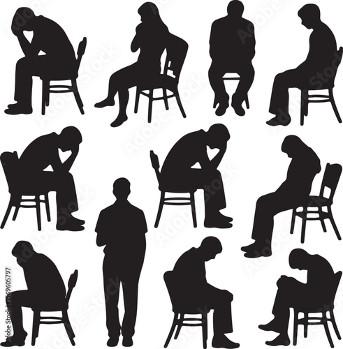 Collection of Black Silhouettes Depicting People Sitting on Chairs in Various Poses of Thoughtfulness and Contemplation