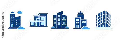 Architecture Modern Icon Set Multiple Style Collection, Containing design Skyscraper, Modern House, Apartment Building, Residential,  Glass Building