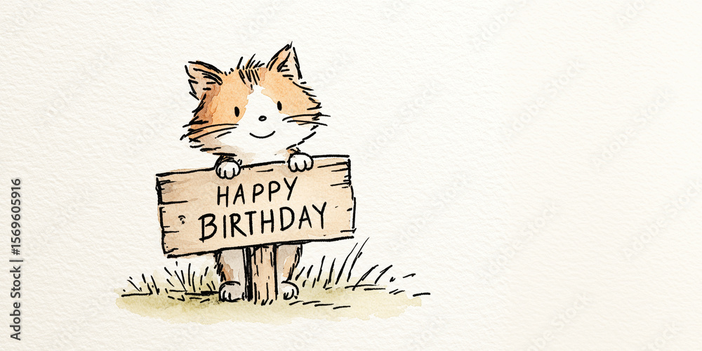 Naklejka premium Happy Birthday Card with Funny Smiling Cat Graphic