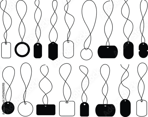Blank hanging tags vector, label template set, black and white price tag icons, necklace pendant design elements, commercial graphic collection