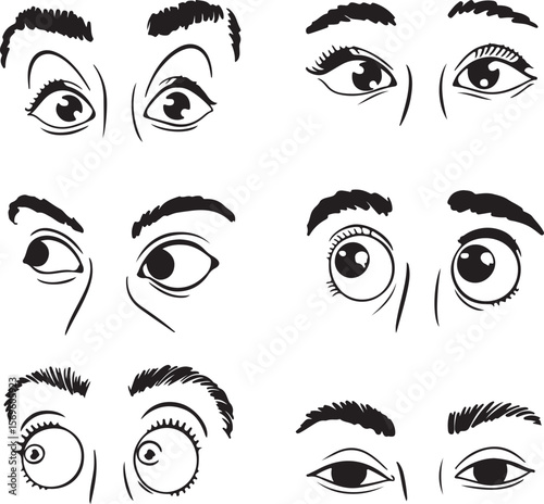 Collection of Nine Black and White Eye Silhouettes Various Expressions Eyebrows and Irises Detailed Line Art Drawings