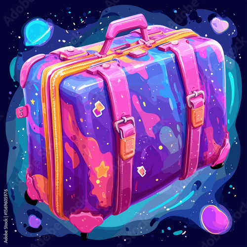 Colorful galaxy-themed suitcase illustration with cosmic design, symbolizing travel, adventure, imagination, and wanderlust