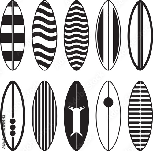 Collection of Twelve Black and White Surfboard Silhouette Designs with Geometric Patterns Stripes Waves and Minimalist Shapes