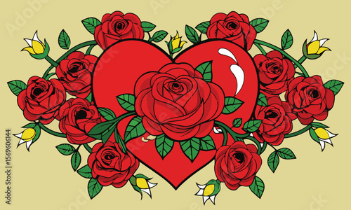 Heart of Roses: A vibrant illustration of a red heart encircled by a profusion of blooming red roses and lush green leaves.