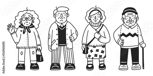 Old ladies and men. Vector line hand-drawn illustrations. Cartoon happy grandmothers and grandfathers. Stylish senior people doodles
