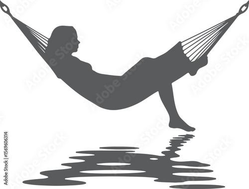 Gray Silhouette Woman Relaxing in Hammock Over Water Reflection Peaceful Summer Vacation Scene