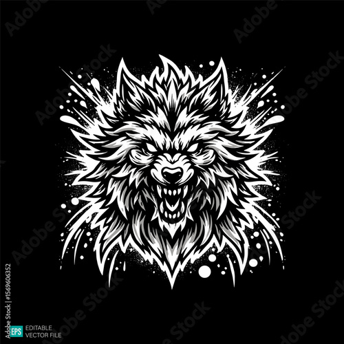 Wolf head with splash  illustration style vector black and white background templates