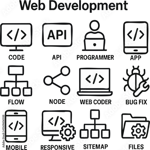 Web development code api programmer app flow node coder bug fix mobile responsive sitemap files on transparent background