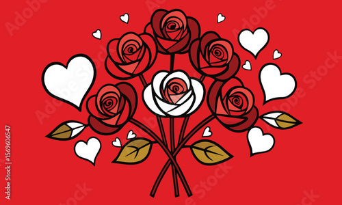 Love Bouquet: A collection of beautifully arranged roses and hearts against a vibrant red background, perfect for expressing affection, capturing the essence of romance and tenderness.