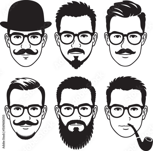Six Black and White Silhouette Portraits of Men with Glasses and Various Hairstyles and Facial Hair including Mustaches Beards and a Bowler Hat