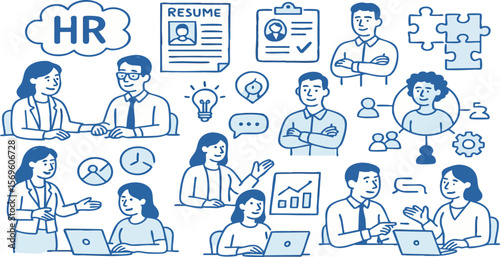 Hr management recruitment team collaboration business strategy human resources office work doodle illustration on transparent background