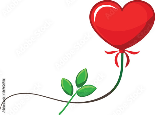 Love's Serenade: A vibrant red heart balloon floats gently, connected to a delicate green stem with leaves, symbolizing love, affection, and the beauty of relationships.