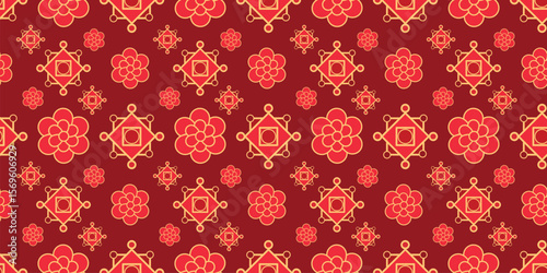 Elegant Chinese New Year Traditional Seamless Pattern with Flowers. Vector Luxury Happy Chinese New Year pattern, red and golden colors. Lunar Chinese pattern for banner, sale ads, poster, pachaging