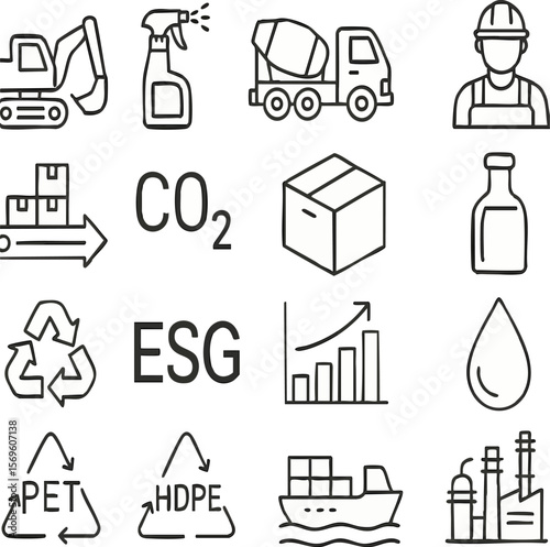 Esg sustainability environment co2 recycling pet hdpe industry worker construction shipping bottle drop on transparent background