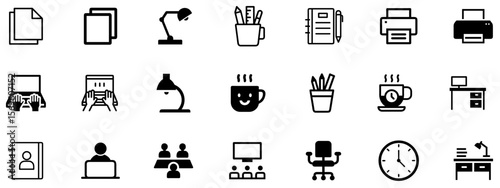 Minimal Black Vector Icons for Office Workspace, Productivity, and Business UI Elements