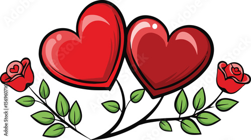 Love Hearts with Roses: Two intertwined hearts, symbolic of love and togetherness, are elegantly framed by blooming red roses and lush green leaves.