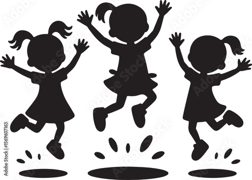 Three Black Silhouettes of Girls Joyfully Jumping with Arms Raised High in the Air Against a White Background