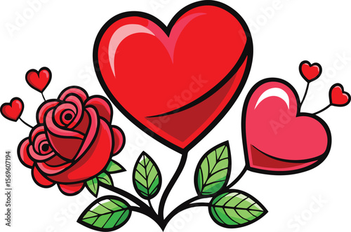 Floral Romance: A blossoming rose intertwined with vibrant red hearts, symbolizing love and affection, offers a striking visual ode to matters of the heart, suitable for cards.