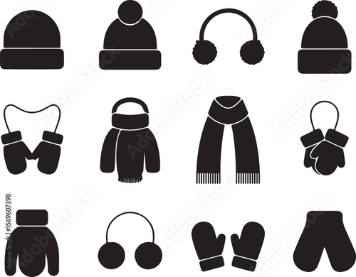 Twelve Black Silhouette Winter Clothing Icons Set Knitted Hats Scarves Mittens Earmuffs Vector Illustration