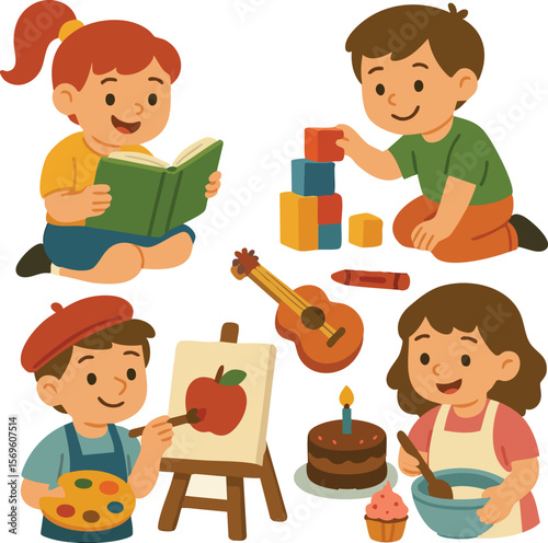 
Illustration of children playing reading painting building and baking happy kids art and craft time fun on transparent background