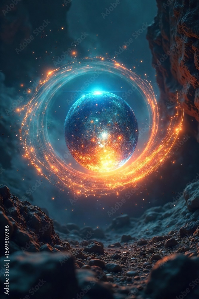 Obraz premium Mystical Orb Floating in Ethereal Vortex Abstract Fantasy Art with Otherworldly Glow