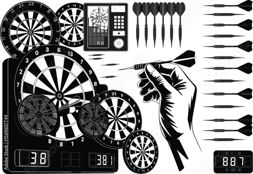 Dartboard illustration set, digital darts scoreboard, dart arrows, hand holding dart, sport game icon, target silhouette, black vector design