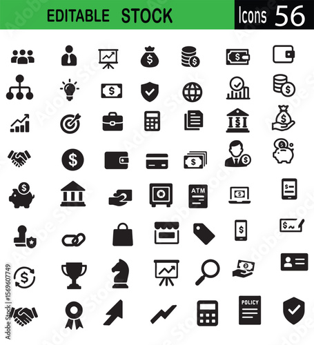 Collection of editable business and finance icons representing growth security and success