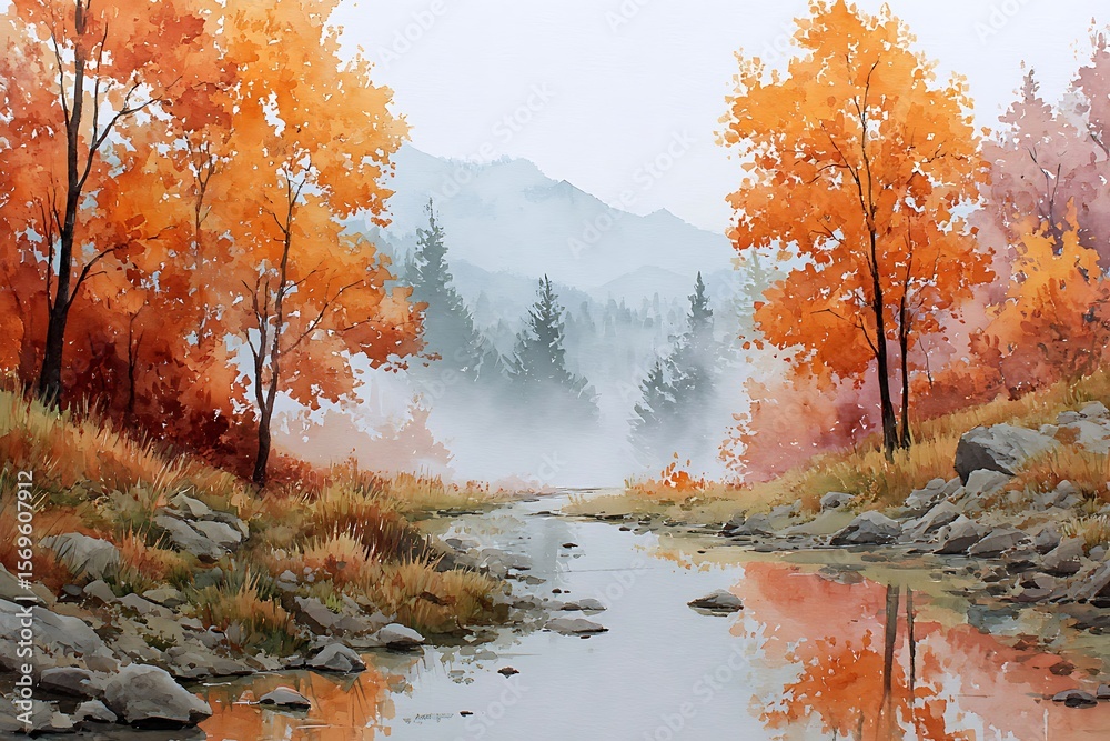 A Serene Autumnal Landscape Painting Featuring a Misty Mountain Stream A Serene Autumnal Landscape Painting Featuring a Misty Mountain Stream