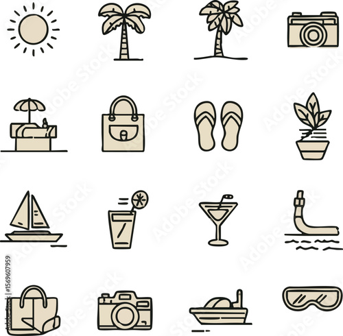 Summer beach vacation holiday tropical palm tree sun camera sailboat cocktail icon set vector outline on transparent background