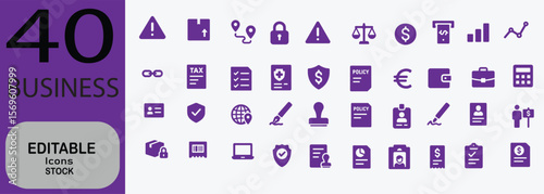 Collection of 40 editable business icons representing finance security law and logistics in a modern flat design style