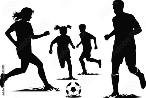 Family playing soccer on grass, outdoor football game, children running, parents active, teamwork, silhouette illustration, sports fun activity, energy