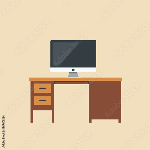Computer Monitor on Wooden Office Desk Illustration