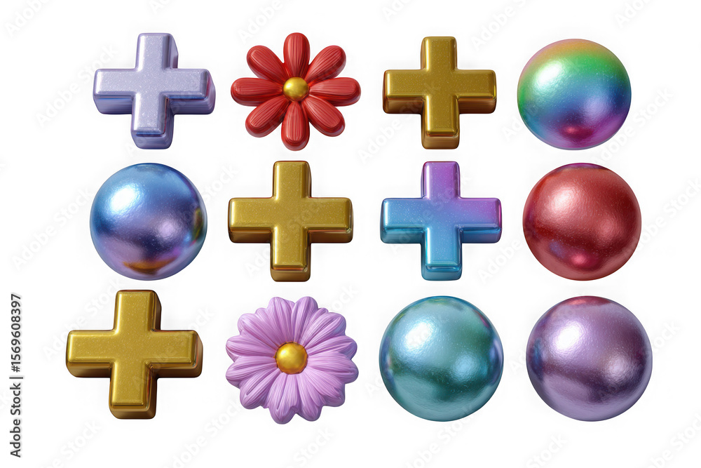 Obraz premium Collection of glossy 3d rendered plus signs and spheres isolated on transparent background