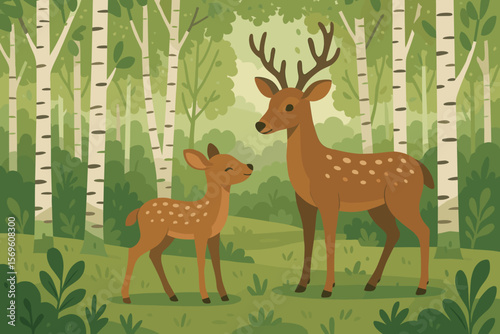 Deer family with stag and fawn in a birch tree forest. Cute cartoon wildlife animals in a green woodland scene. Natural landscape background. Modern flat vector illustration.