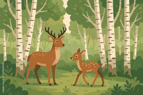 Deer family in summer forest. Cute stag parent with fawn in a birch tree grove. Wild animals in nature. Cartoon woodland landscape background for design. Flat vector illustration.