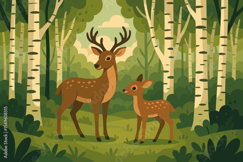 Cute deer family with stag parent and baby fawn in a birch tree forest. Woodland animals scene with wild mammals. Natural landscape. Modern flat cartoon vector illustration.