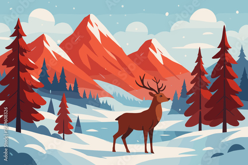 Winter landscape with a majestic deer stag in a snowy pine forest. Scenic red mountains with snow peaks. Modern flat vector cartoon illustration for nature or holidays.