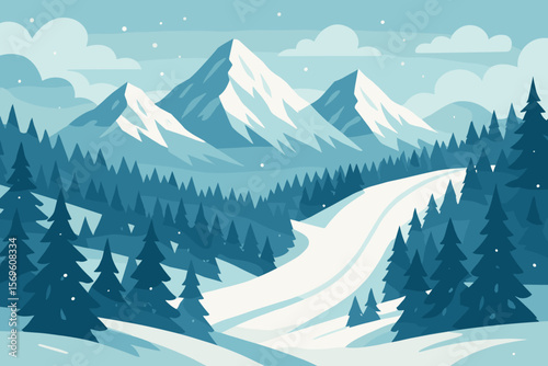 Winter mountain landscape vector background. Serene snowy scene with mountain peaks, pine tree forest and a ski slope. Nature illustration for Christmas and New Year holidays.