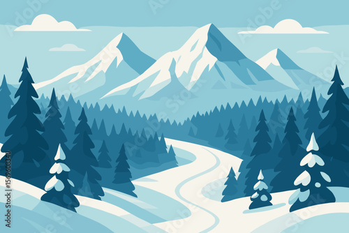 Scenic winter mountain landscape with snowy peaks, pine tree forest and ski resort slope. Vector background illustration for Christmas, New Year, travel and outdoor adventure.