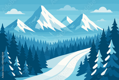 Winter mountain landscape with snow covered peaks, pine tree forest and ski slope. Beautiful blue scenery vector illustration for Christmas, New Year or winter sports travel.