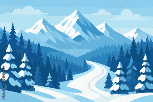 Winter mountain landscape with ski slope and pine forest. Snowy mountains scenery background. Vector illustration for Christmas, New Year holiday. Nature travel poster concept.