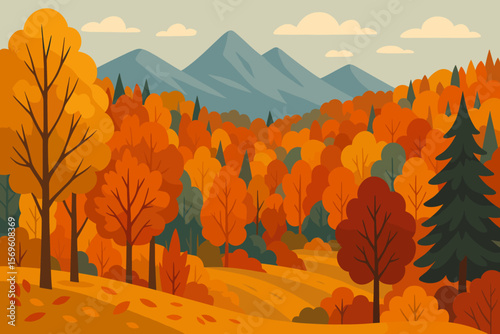 Autumn landscape vector illustration with forest and mountains. Scenic fall nature background with colorful orange trees, hills, and fallen leaves. Flat cartoon seasonal scenery.