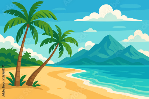 Tropical paradise island beach vector. Summer vacation landscape with sandy coast, palm trees, ocean waves. Scenic mountain view under a blue sky. Modern flat cartoon illustration.