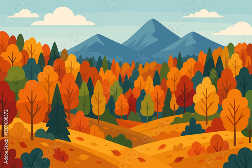 Autumn landscape vector illustration. Fall season scenery with colorful forest, mountains, and hills. Nature background. Scenic view concept. Flat design for web banner, poster.