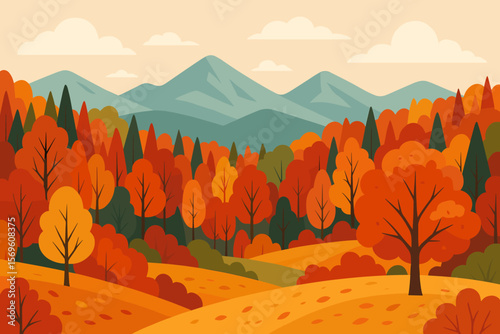 Autumn landscape with forest and mountains in flat design. Vector illustration of fall season scenery with colorful trees, rolling hills and yellow foliage. Nature background banner.