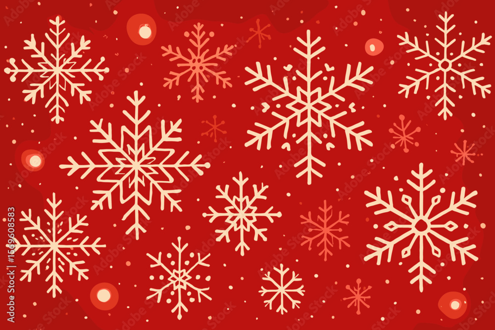 Fototapeta premium Festive red Christmas background with ornamental snowflakes and glowing bokeh lights. Happy New Year winter holiday pattern for greeting card, banner, cover or invitation.