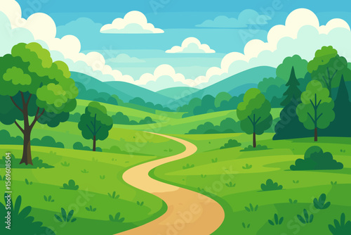 Cartoon summer landscape with winding path through green rolling hills and meadows. Vector illustration background of a rural scene with trees, forest, mountains and blue sky.