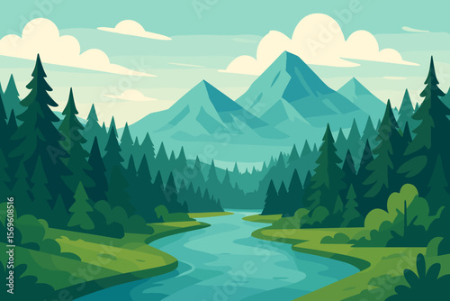 Mountain landscape vector illustration with river flowing through pine forest. Scenic nature background for travel, adventure, and tourism. Calm wilderness valley flat design scene.